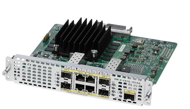 Cisco 4-Port High-Density dual mode SFP and Rj-45 Gigabit or 1-Port SFP 10 Gigabit Ethernet WAN Service Module SM-X-4X1G-1X10G for ISR 4451-X

Cisco SM-X-4X1G-1X10G Gigabit Ethernet WAN Modules bring high-density Small Form-Factor Pluggable (SFP) and copper (RJ-45) 1 Gigabit and 10 Gigabit Ethernet (GE) connectivity to the Cisco 4000 Series Integrated Services Routers (ISRs). Providing maximum flexibility, the modules accelerate applications such as Ethernet WAN access, inter-VLAN routing, and high-speed connectivity to LAN switches and servers.

The ports on these modules work as routed Layer 3 ports. Layer 2 switching between local ports on the module or between ports on the module and other ports within the router system is not supported. The port terminates Layer 2 trunks from externally connected switches, and Layer 2 trunk and VLAN information is not switched onto other ports in the system. The host router routes all traffic entering these modules.