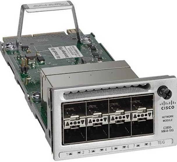 Cisco C3850-NM-8-10G Network Module 8x 10GE 8x 1GigE part of the Cisco Catalyst 3850 Series is the next generation of enterprise-class stackable Ethernet and Multigigabit Ethernet access and aggregation layer switches that provide full convergence between wired and wireless on a single platform. Cisco’s Unified Access Data Plane (UADP) application-specific integrated circuit (ASIC) powers the switch and enables uniform wired-wireless policy enforcement, application visibility, flexibility and application optimization. This convergence is built on the resilience of the improved Cisco StackWise-480 technology. The Cisco Catalyst 3850 Series Switches support full IEEE 802.3at Power over Ethernet Plus (PoE+), Cisco Universal Power over Ethernet (Cisco UPOE), modular and field-replaceable network modules, RJ45 and fiber-based downlink interfaces, and redundant fans and power supplies. With speeds that reach 10Gbps, the Cisco Catalyst 3850 Multigigabit Ethernet Switches support current and next-generation wireless speeds and standards (including 802.11ac Wave 2) on existing cabling infrastructure.