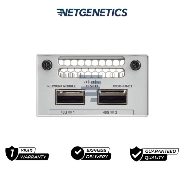 Cisco Catalyst 9300 2-Port 40GbE QSFP+ Network Module C9300-NM-2Q – Bolster your Cisco Catalyst 9300 series switch using this 2-port 40 Gigabit QSFP+ Expansion Module. It comes in a plug-in form factor for speedy installation. Built with two QSFP+ ports, it helps expand network capacity. These compact ports allow high installation density to enable use in demanding enterprise networks. Since it supports hot plug and hot-swap functionalities, this Cisco expansion module eliminates the need to shut down infrastructure during maintenance or upgrades. It uses the 40 GbE data link protocol to enhance connectivity. With a data transfer rate of 40 Gbps, it bolsters networking throughput.

The Cisco 40 Gigabit QSFP+ expansion module’s IEEE-compliant construction supports use in copper and fiber networks, which makes it versatile. Its tough build can tolerate a broad range of temperatures for durability. This expansion module has a silver finish to boost aesthetics and enable color-coding. It comes with captive screws to ensure secure installation. This expansion module is compatible with Cisco Catalyst 9300 series switches.