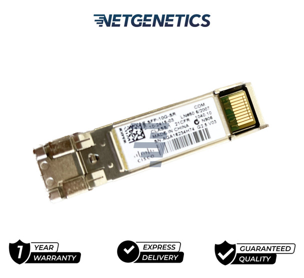 Cisco SFP-10G-SR 10GBASE SFP+ Transceiver Module for MMF V03 – Designed to work with most Cisco networking equipment, the Cisco SFP-10G-SR-SFP+ Transceiver Module is ideal for large data centers and enterprise networks. It offers 10-gigabit Ethernet connectivity options for extra high-speed network applications in server rooms. Stainless steel material provides this Cisco SFP-10G-SR- small form-factor pluggable (SFP)+ transceiver module with corrosion-resistance for long-term durability.

The Cisco 10G multimode SFP+ transceiver is a hot-swappable, input/output device that allows easy replacement and addition to the network without having to shut down or reboot the entire system. A small form factor and compact size allow this device to fit easily into complex networks. Low power consumption makes it an energy-efficient choice. Since this plug-in module works with 10G switches, routers, servers and various transmission devices, it has wide applications in enterprise networks. It’s compliant with various protocols and safety standards such as The Institute of Electrical and Electronics Engineers (IEEE) 802.3ae and Common Public Radio Interface (CPRI), ensuring reliable deployment of 10 Gigabit Ethernet services in diverse network settings.