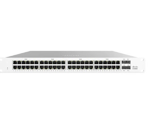 Cisco MS125-48LP-HW Meraki Switch - Front view showcasing 48x 1GB PoE+ RJ-45 ports and 4x 10GB SFP+ ports. UNCLAIMED status indicated."