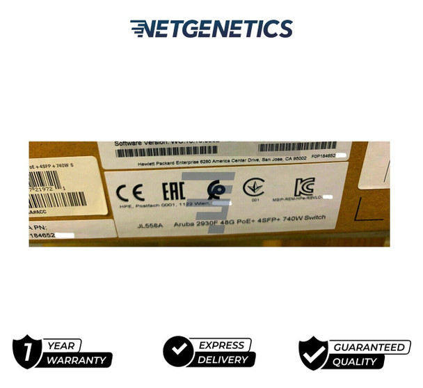 The Aruba JL558A is a member of the 2930F Series of network products. The 2930F Series is designed with customers who are creating digital workplaces in mind. Specifically optimised for mobile users with an integrated wired and wireless approach.

Aruba JL558A: 48 RJ-45 autosensing 10/100/1000 PoE+ ports (IEEE 802.3 Type 10BASE-T, IEEE 802.3u Type 100BASE-TX, IEEE 802.3ab Type 1000BASE-T, IEEE 802.3at PoE+); Duplex: 10BASE-T/100BASE-TX: half or full; 1000BASE-T: full only 4 SFP+ 1/10GbE ports; PHY-less..