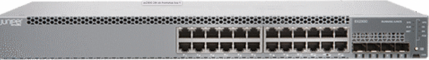 Virtual Chassis technology enables up to four interconnected EX2300 switches to form a single logical device.
Flexible 1GbE SFP/10GbE SFP+ uplinks provide high-speed connectivity to aggregation layer switches or other upstream devices.
Up to 48 10/100/1000BASE-T ports are available with or without PoE/PoE+.
Models offering 24 and 48 multigigabit ports support 1GbE/2.5GbE on 8 and 16 ports, respectively
Energy Efficient Ethernet (EEE) support is provided on 1GbE ports.
Complete Layer 2 and basic Layer 3 switching capabilities are available.
Simplified onboarding and management with Juniper Mist Wired Assurance.
Additional features include:

PoE-enabled EX2300 switches can simultaneously deliver up to 15.4 watts of standards-based 802.3af Class 3 PoE to a maximum of 48 ports or 30 watts of standards-based 802.3at PoE+ to a maximum of 24 ports, based on a total system budget of 750 watts.
Uplink ports can be configured as Virtual Chassis interfaces and connected via standard 10GbE optics interfaces (optional Virtual Chassis license required).
Fixed power supply and uplink ports ensure operational simplicity.
Low power consumption, low acoustic fans, and a small 10-inch deep footprint enable flexible, environmentally friendly deployment.
Support for L2 protocols as well as L3 protocols like RIP and static routing are included in the base license.
Support is available for IPv6 management, including neighbor discovery, telnet, SSH, DNS, system log, and NTP.
A single release train for Juniper Networks Junos operating system is supported to ensure a consistent control plane feature implementation.
Modular Junos OS prevents a switch reboot if a single protocol feature fails.
Built-in Web interface (Juniper Networks J-Web Software) is provided.
RJ-45 serial console port is available.
USB mini console port is included on 1GbE access switch models.