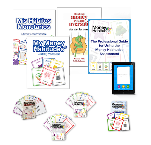 Image of My Money Habitudes Workbook & Bringing Money into the Conversation book & Money Habitudes Guide for Professionals. Playing card boxes in front of card fan of Money Habitudes playing cards. Includes an image of a tablet with an image of a question from the Money Habitudes Online Assessment.