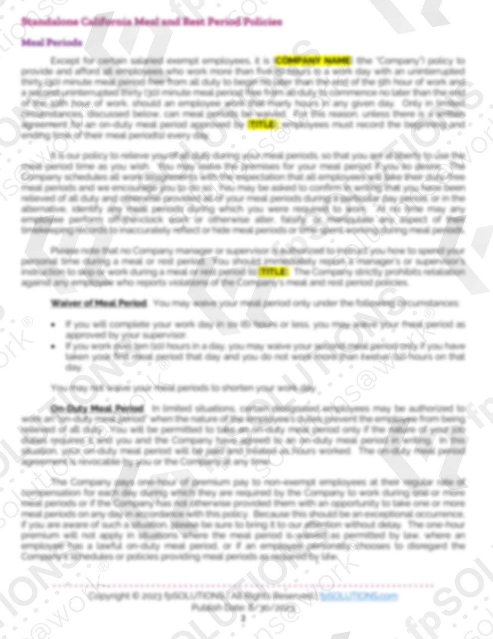 Meal and Rest Period Policies (California) Sample 1