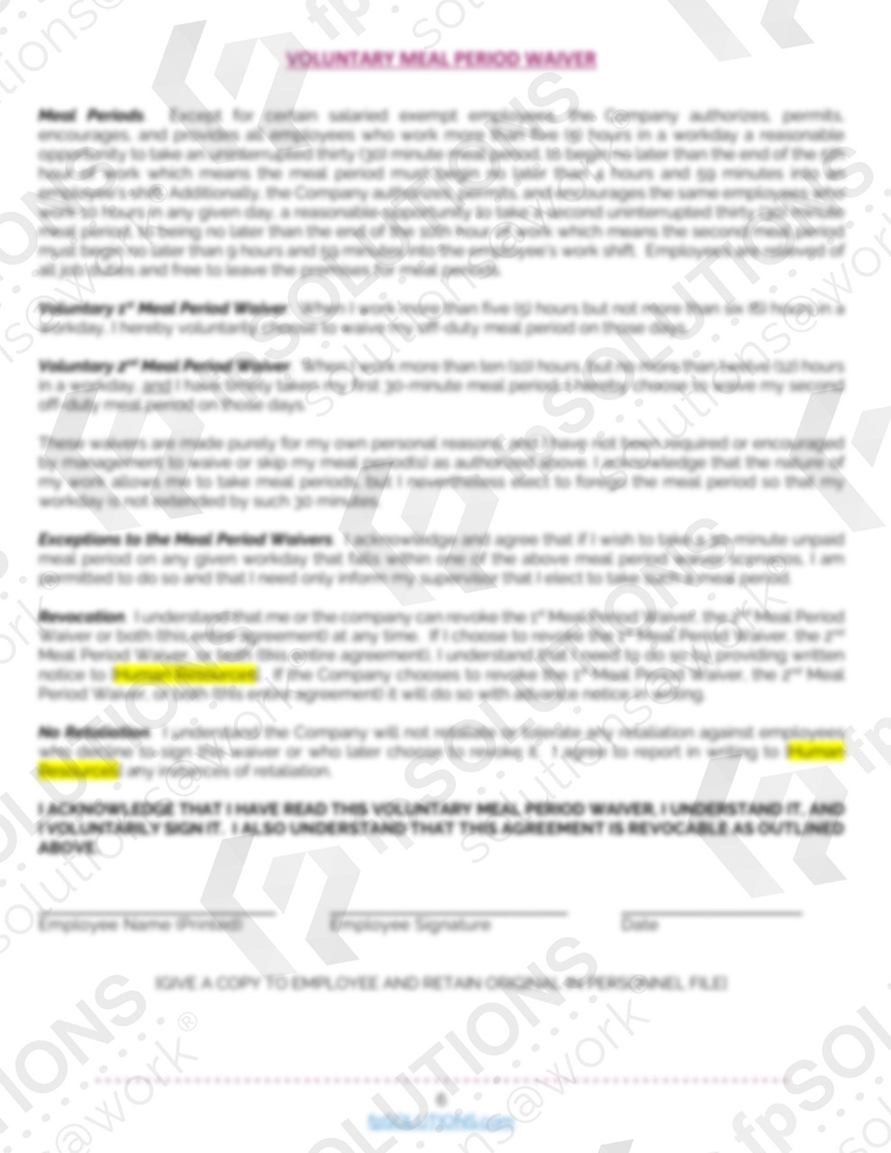 California Wage & Hour Voluntary Meal Period Waiver Sample 3