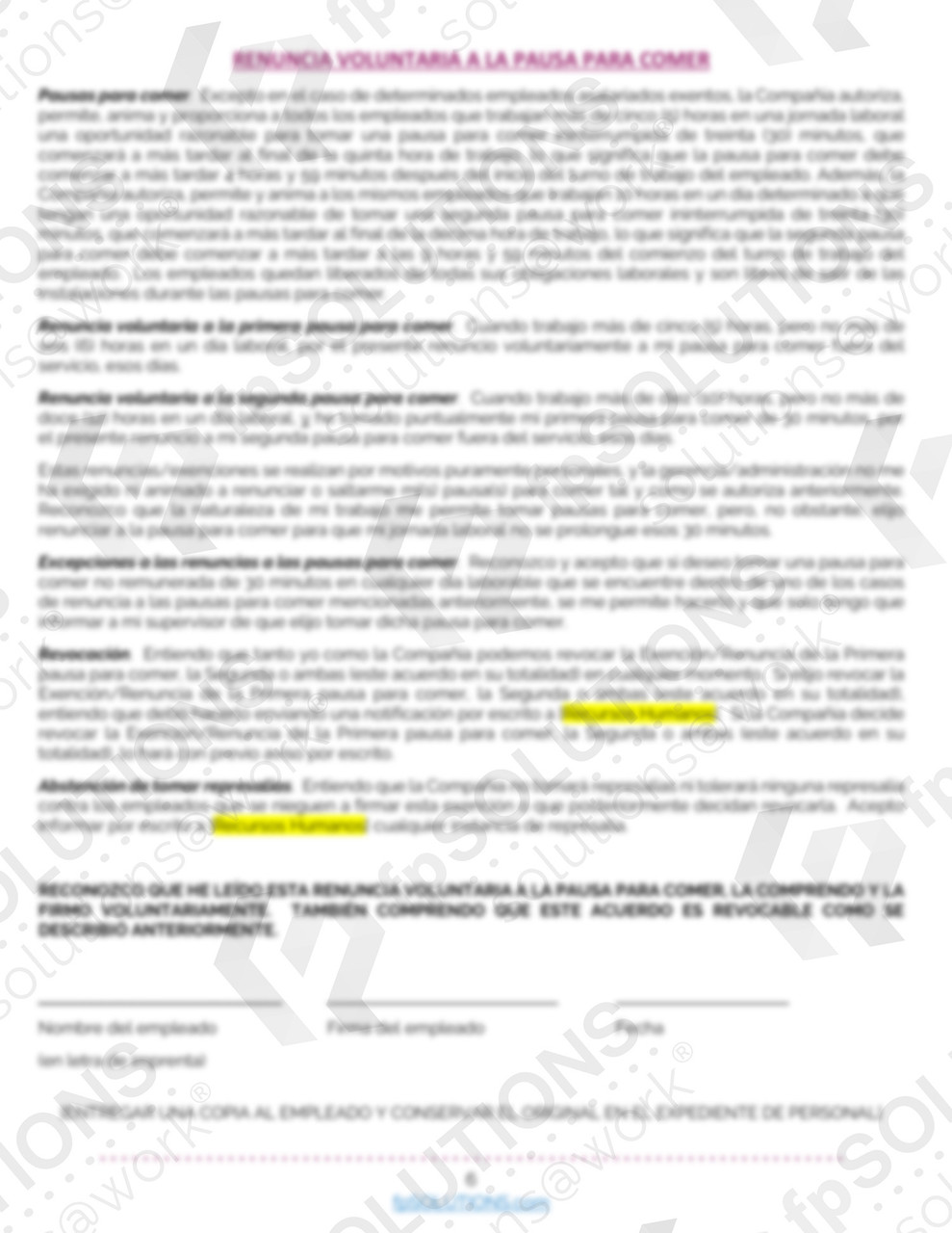 California Wage and Hour Voluntary Meal Period Waiver - Spanish Sample 3