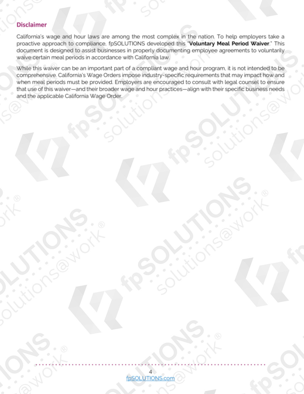 California Wage and Hour Voluntary Meal Period Waiver - English and Spanish