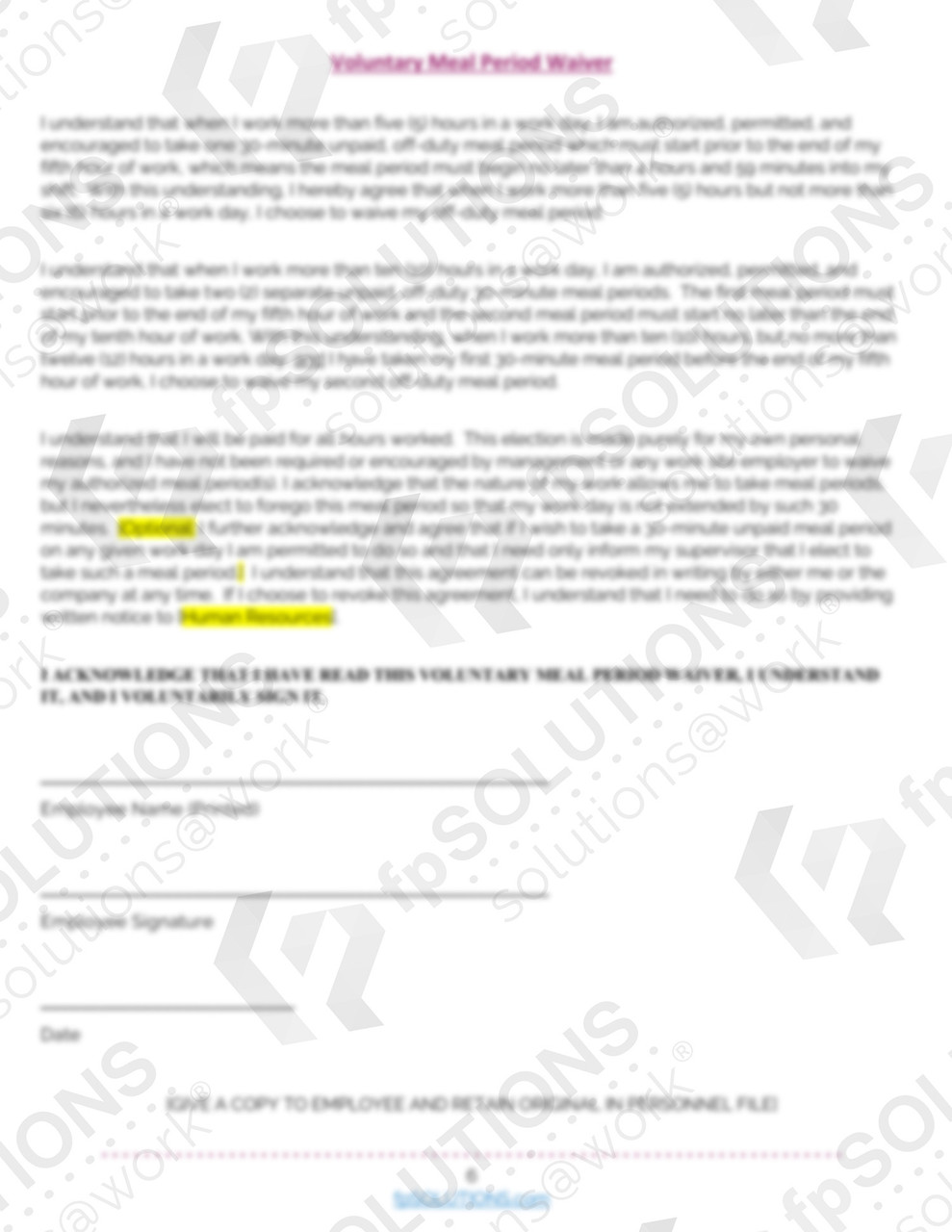 California Wage and Hour Voluntary Meal Period Waiver - English and Spanish