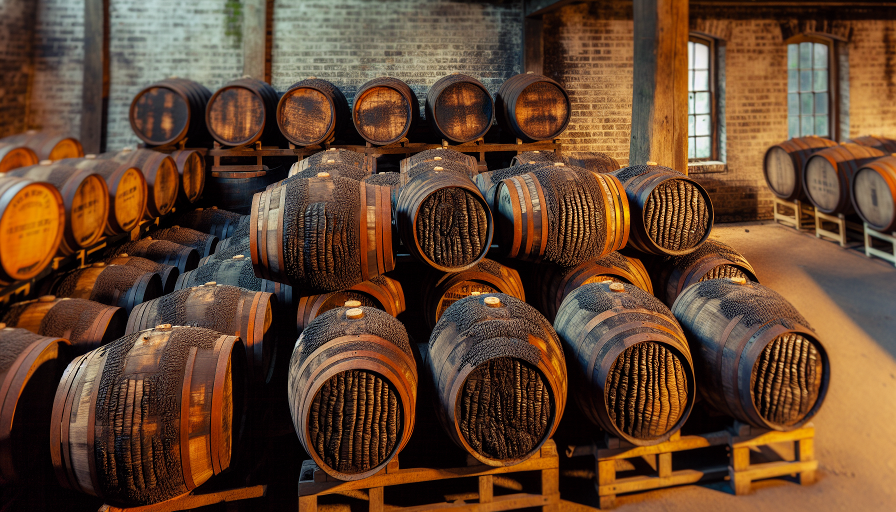 Charred oak barrels used for aging bourbon