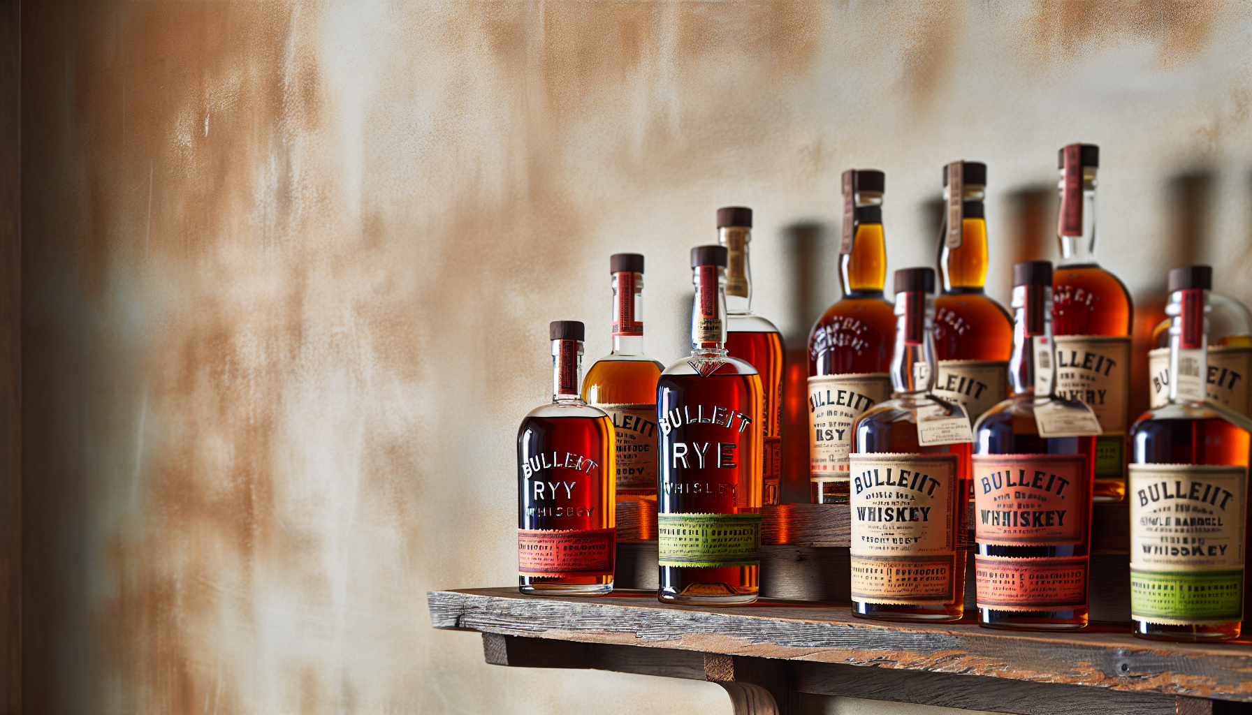 A variety of Bulleit whiskey bottles on a rustic wooden shelf