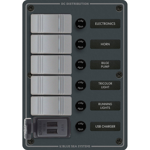 Blue Sea 8121 - 5 Position Contura Switch Panel w\/Dual USB Chargers - 12\/24V DC - Black [8121]