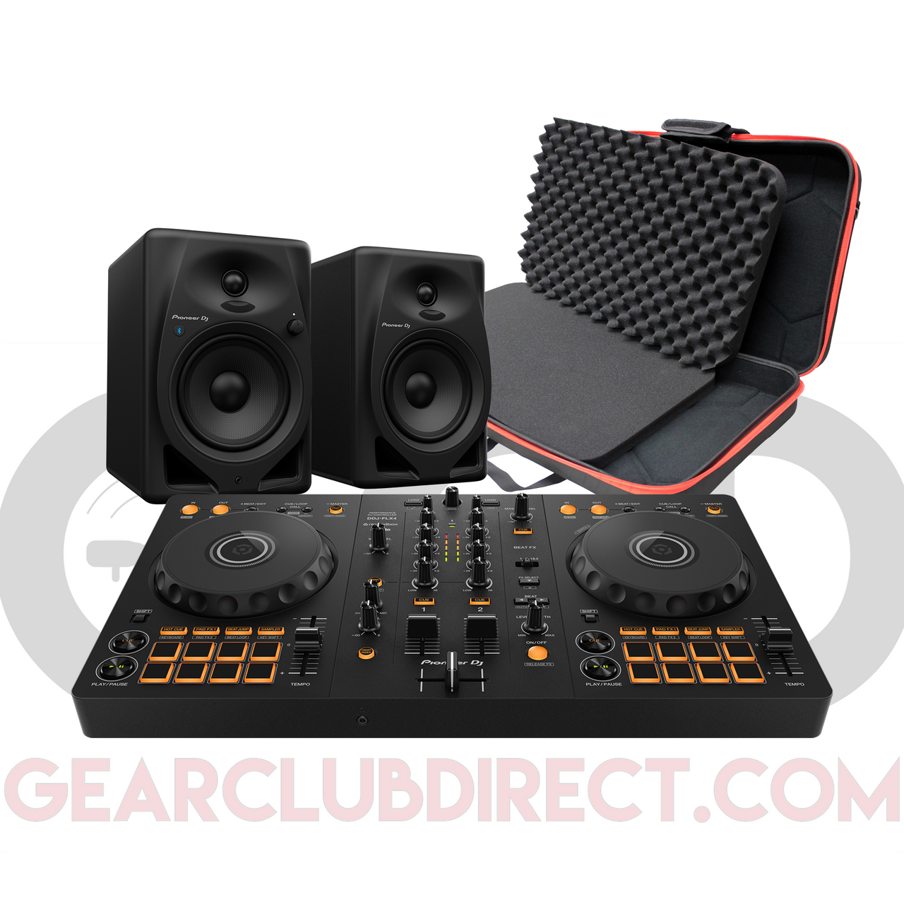 GCD Package: Pioneer DJ DDJ-FLX4 with DM-50D-BT Bluetooth Speakers & ProX Case