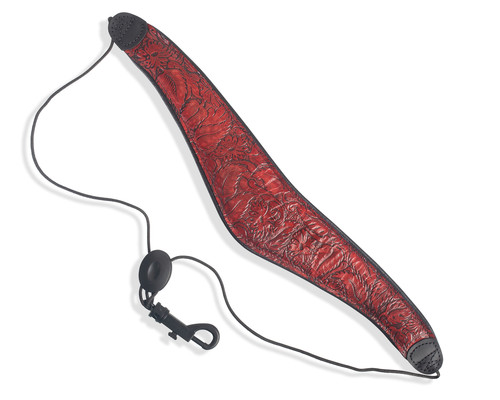 Levy's Leathers 2 inch Wide Red Embossed Leather Saxophone Strap with Leather-Wrapped Neoprene Padding. Pulley Adjusts to 25 inches.