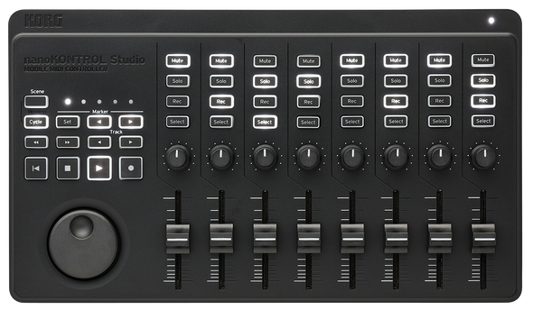 KORG Bluetooth/USB MIDI Control Surface with 8 Faders, 8 Encoders, 16 Backlit Switches plus a Full Transport Control with Jog Wheel Front View.