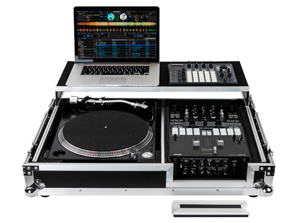 ODYSSEY FZGS1BM10W NEW LOW PROFILE (1-TEIR) GLIDE STYLE™ DJ COFFIN W/WHLS FOR A 10" FORMAT DJ MIXER & ONE TURNTABLE IN BATTLE POSITION