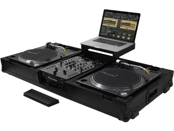 ODYSSEY FZGSLBM12WRBL BLACK LABEL™ LOW PROFILE (1-TEIR) GLIDE STYLE™ DJ COFFIN W/WHLS FOR A 12" FORMAT DJ MIXER & TWO TURNTABLES IN BATTLE POSITION