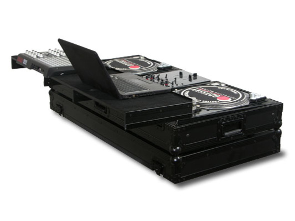 ODYSSEY FZGSPBM10WBL BLACK LABEL™ REMIXER GLIDE STYLE™SERIES DJ COFFIN W/WHEELS FOR 2 TURNTABLES IN BATTLE POSITION & A 10" FORMAT DJ MIXER