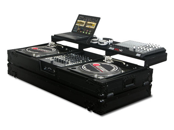 ODYSSEY FZGSPBM12WBL BLACK LABEL™ REMIXER GLIDE STYLE™SERIES DJ COFFIN W/WHEELS FOR 2 TURNTABLES IN BATTLE POSITION & A 12" FORMAT DJ MIXER