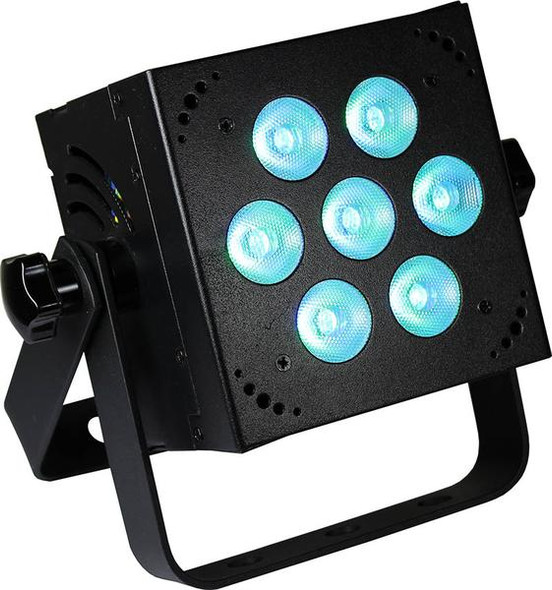 Blizzard Lighting HOTBOX RGBA - 7x 10-watt RGBA Quad-Color (4-in-1) LEDs  with 5 user selectable 32-bit dimming curves. 3/4/5/8/9-ch DMX, built-in programs, 4-button LED control panel, dimmer, strobe, sound active, & powerCON compatible AC In/Out.