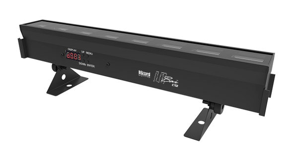 Blizzard Lighting LB BAR CSI - 9x 3W 393~396nm UV LEDs, 110° beam angle, 1 and 3-channel DMX modes, dimming & strobe effects, IEC power in/out connections, user selectable 32-bit dimming modes, LED control panel, and dual mounting brackets.