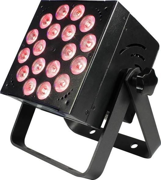 Blizzard Lighting RokBox 5 RGBVW - 18x 15-watt (5 x 3W) RGBVW 5-in-1 (RGBW + UV) LEDs with 5 user selectable 32-bit dimming curves. 4/5/9/10-ch DMX, built-in programs, 4-button LED control panel, dimmer, strobe, sound active, & powerCON compatible.