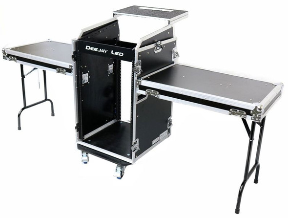 DEEJAY LED TBH11M16UCT2LT - Fly Drive Case 11u Space Slant Mixer Rack / 16u Space Vertical Rack System W/Caster Board & Two Side Tables & Laptop Shelf