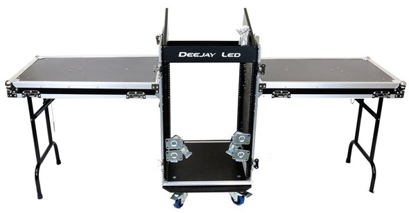DEEJAY LED TBH11M16UCT2 - Fly Drive Case 11u Space Slant Mixer Rack / 16u Space Vertical Rack System W/Caster Board & Two Side Tables