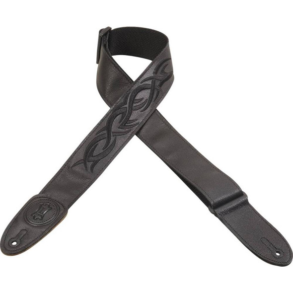 2-1/2 Inch Garment Leather Guitar Strap w/Embossed Florentine Overlay -  Black