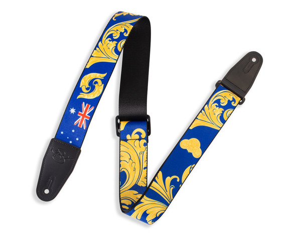 Levy's Leathers 2" Nita Strauss Signature Polyester Guitar Strap With Embossed Signature Leather Ends. Black Plastic Loop And Slide. Adjustable from 35" to 60". Blue and Gold Color.