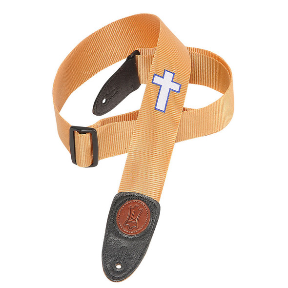 Levy's Leathers 2" Soft-hand Polypropylene Guitar Strap Embroidered With Holy Cross, Genuine Leather Ends And Tri-glide Adjustment. Adjustable To 62". Tan Color