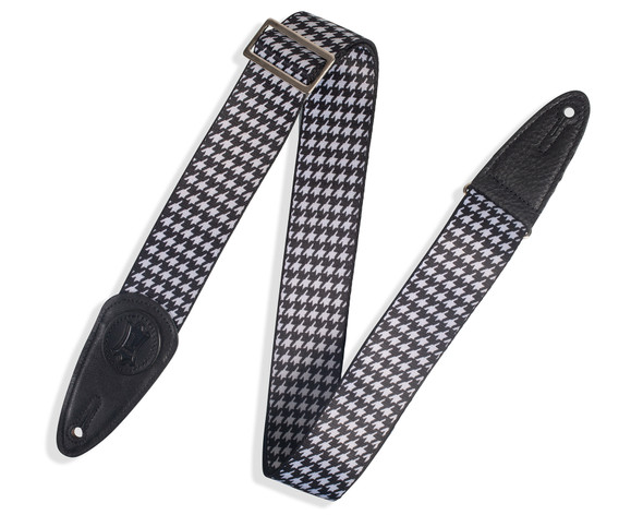 Levy's Leathers 2" Polyester Guitar Strap In Houndstooth Print And Black Leather Ends with Singature Logo in Black.  Metal Slide and Loop Adjust From 35" to 60".