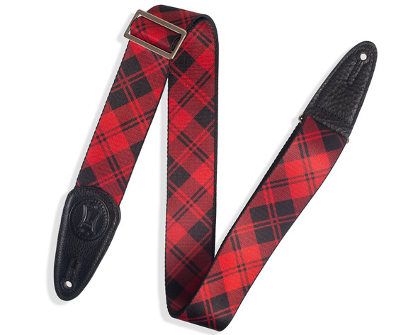 Levy's Leathers 2" Polyester Guitar Strap In Lumberjack Print And Black Leather Ends with Singature Logo in Black.  Metal Slide and Loop Adjust From 35" to 60".