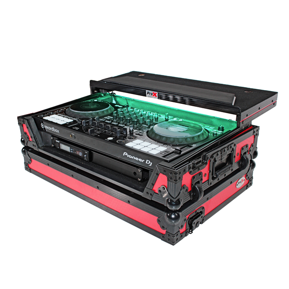 ProX XS-DDJ1000 WLTRB LED Fits Pioneer DDJ-1000 SRT / FLX6 Case RED on BLACK w/ Sliding Laptop Shelf & Penn-Elcom Wheels Free LED KIT, 1U Rack Rails