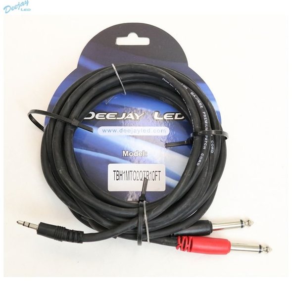DEEJAY LED TBH1MTO2QTR10FT One 3.5mm Male Stereo To Two 1/4-in TS Phono Style Mono Male Plugs 10 Feet