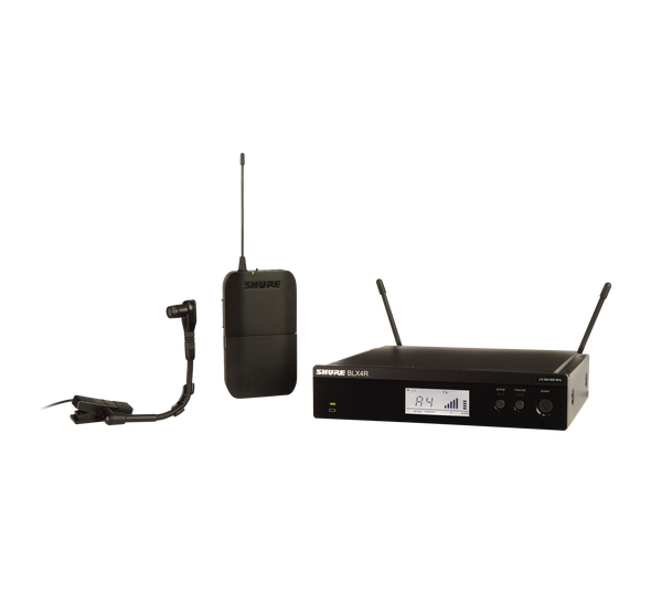 Shure BLX14R/B98-H11 Instrument System with (1) BLX4R Wireless Receiver (1) BLX1 Bodypack Transmitter and (1) WB98H/C Cardioid Condenser Instrument Microphone