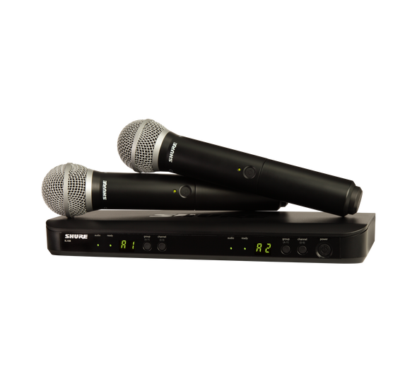 Shure BLX288/PG58-H9 Dual Vocal System with (1) BLX88 Dual Wireless Receiver and (2) BLX2 Handheld Transmitters with PG58 microphone