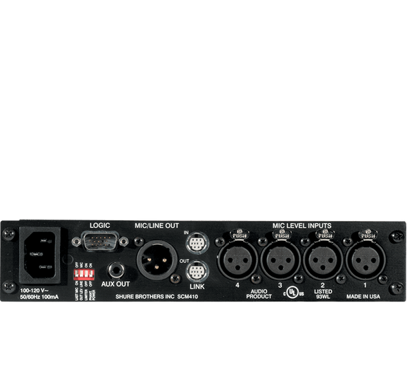 Shure SCM410 Four-Channel Automatic Microphone Mixer (110V) with Logic Control and EQ per Channel AC only Half Rack Space Single and Dual Mount