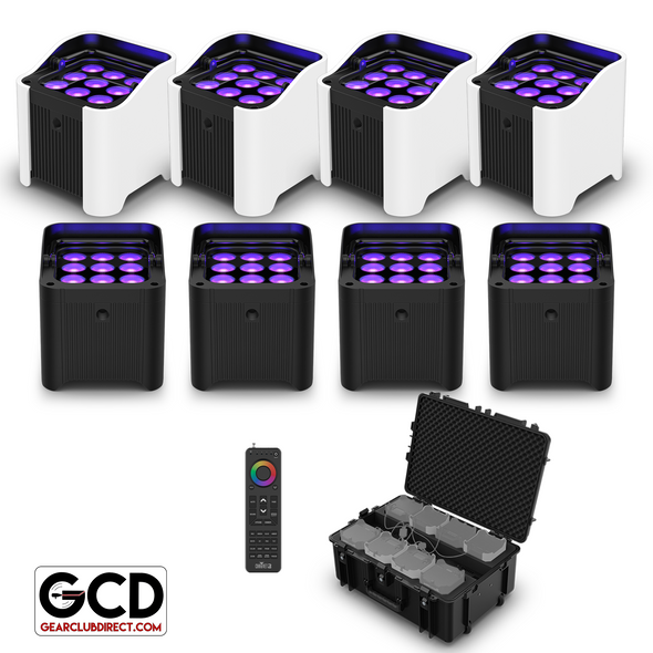 Chauvet Freedom Par H9 IP Hex-Color LED Uplights with White Sleeves & Charging Case Eight Package
