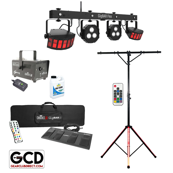 Chauvet DJ GigBar Flex Effect Lighting System with Hurricane 700 Fog Machine & American DJ LTS Color Lighted T-Bar Stand Package