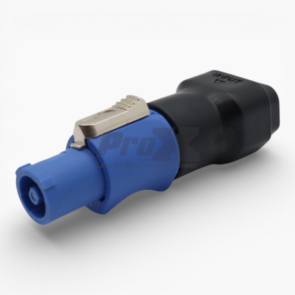 Side view of ProX XC-ADPWCFIEC PowerCON Blue locking connector with IEC C14 female power inlet