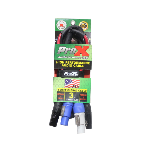 ProX XC-PWC14-XLR03 PowerKon and Dual XLR combo cable in retail packaging for stage and production applications