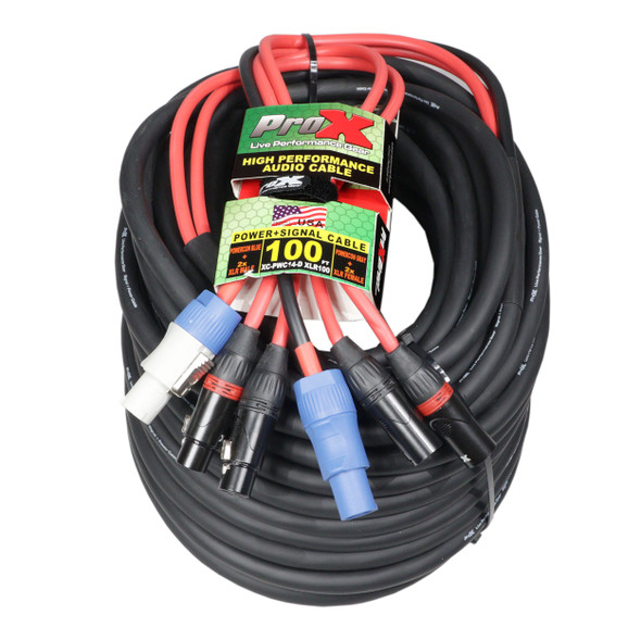 ProX XC-PWC14-DXLR100 100ft dual PowerKon to dual XLR combo link cable for professional audio and power distribution