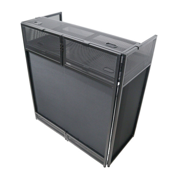 ProX VISTA DJ Booth Facade Table Station with White and Black Scrim kit and Padded Travel Bag | Black Hardware