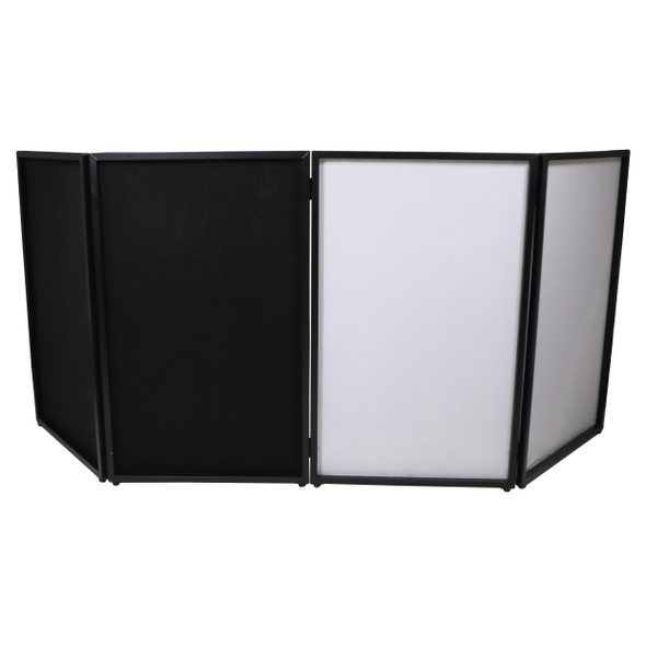 ProX Four Panel Party Black Frame Collapse and Go DJ Facade, Two Side corner Shelves, Carry Bag, 4xBlack and 4xWhite Scrims