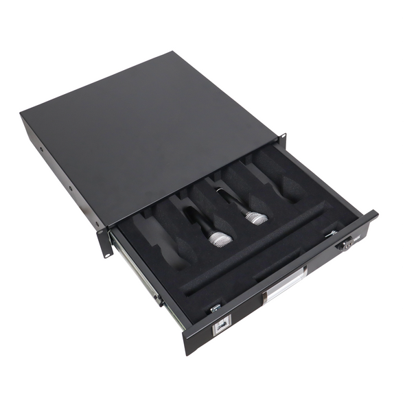 2U Metal Rack Drawer 18"D W/ Wireless Mic Foams