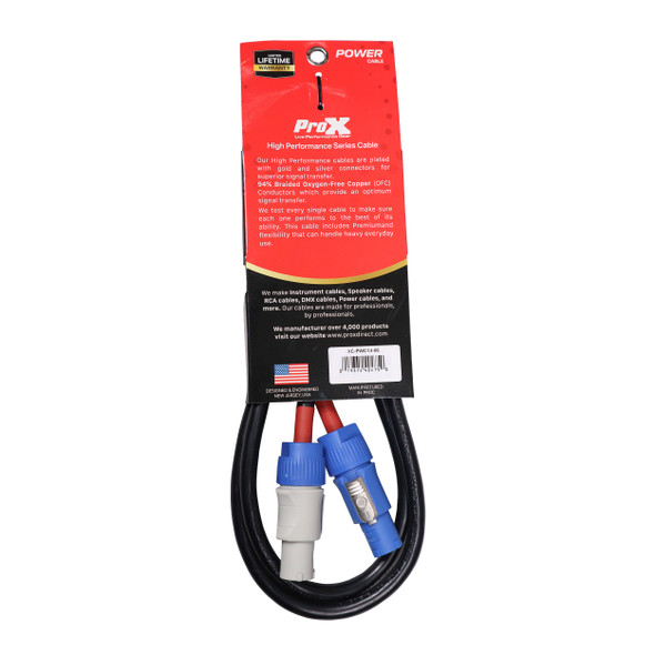 Rear view of ProX XC-PWC14-06 high-performance power cable packaging showing product information and locking power connectors.
