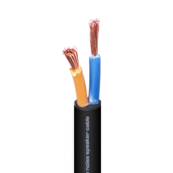 Cross-section of ProX XC-212-100 12 AWG 2-conductor speaker wire showing hybrid OFC/CCA conductors with durable black PVC insulation