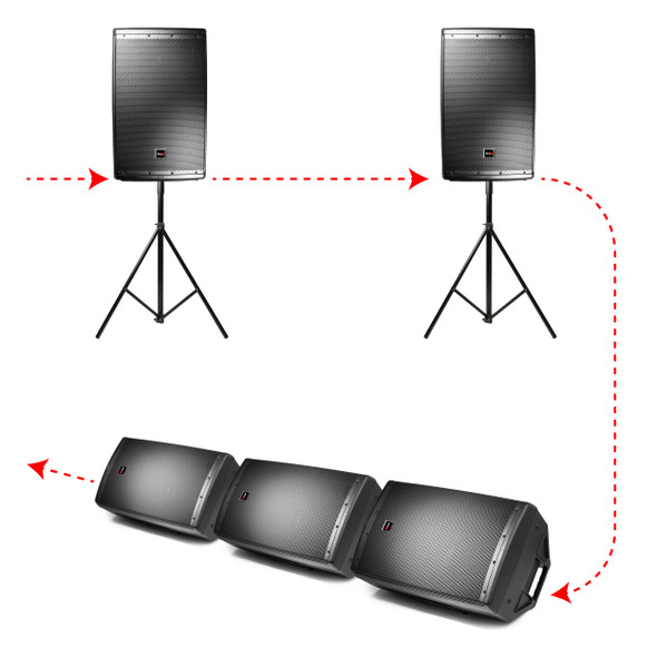 Illustration showing the ProX XC-TR112-XLR02 combo link cable reducing cable runs by combining power and audio connections into one streamlined cable solution.
