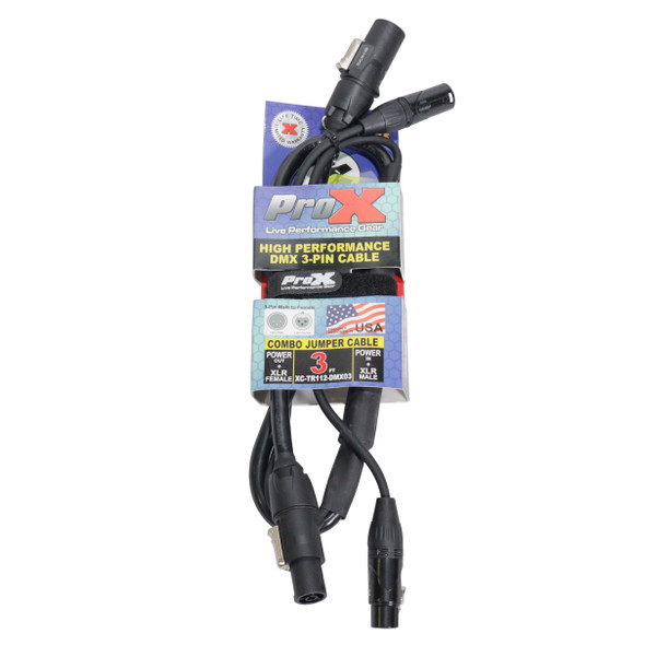 ProX XC-TR112-XLR10 10 ft dual PowerKon to dual XLR audio combo link cable with integrated power and audio connections for streamlined professional stage and audio setups.
